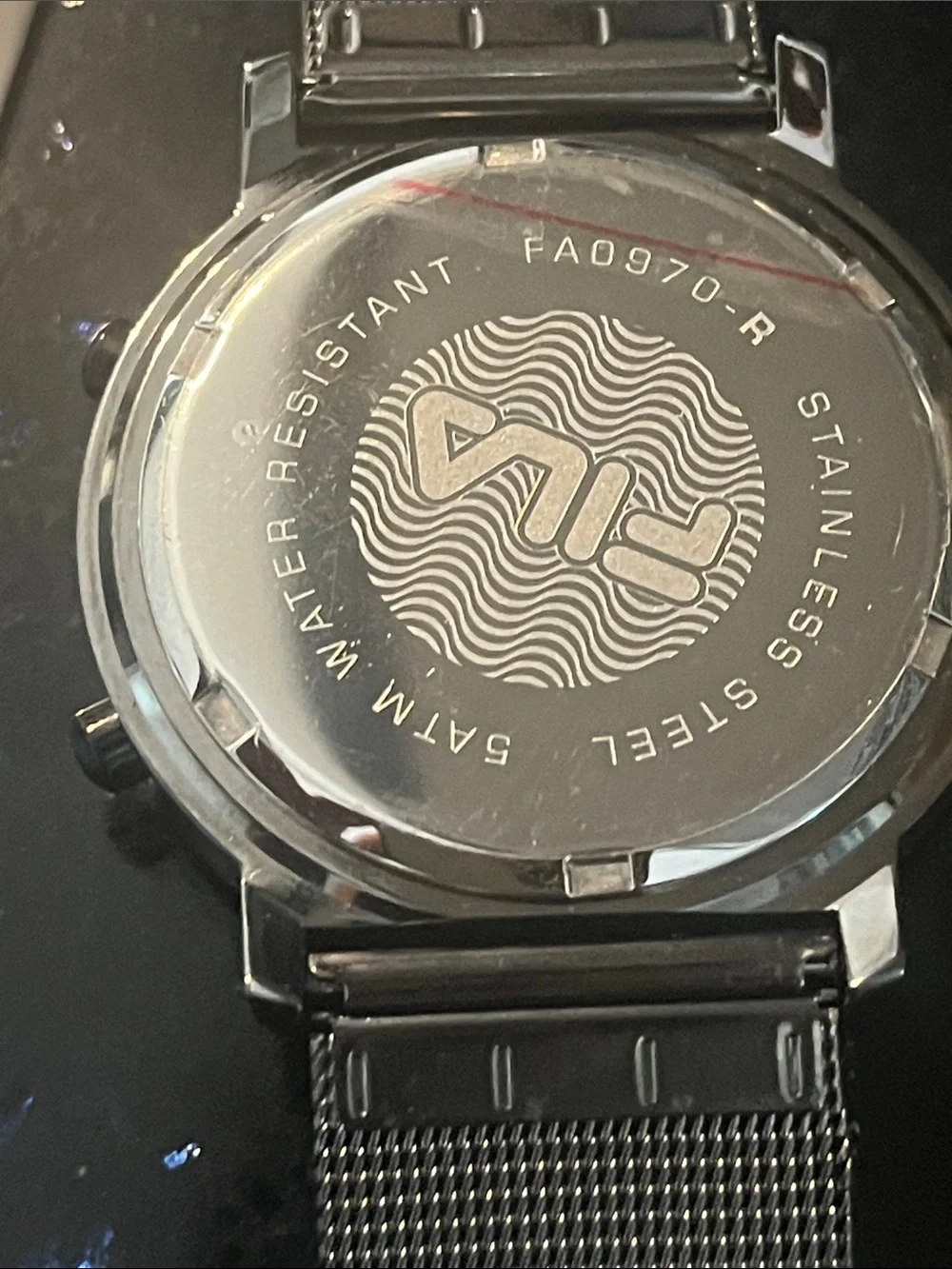 FILA Silver Mesh Digital Watch with Red Accents